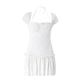 Fongt Summer Sexy French Low-Cut Square Collar Hanging Neck Tie Design Sense Short Sleeve Pleated Dress