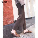 Autumn/Winter Women Pants Warm High Waist Loose Knitted Wide Leg Pants Baggy Side Slit Casual Pants