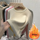 Women's O-neck Plus Velvet Thicken Sweaters Winter Slim Warm Long Sleeve Knitted Tops Casual Plush Fleece Lined Soft