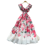 Fongt Elegant Dress Women's Summer Famous High-End Feel Lotle Side V-Neck Waist Thin Print Large Swing Dress