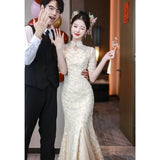 New Chinese Cheongsam Toasting Bride 2025 New Engagement Dress Fishtail Skirt High-End Wedding Day