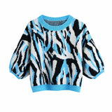 Women Fashion Color Match Animal Pattern Short Jacquard Knitting Sweater Female Chic Lantern Sleeve Pullovers Tops