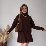 Fongt Winter New Solid Color High-Collar Lazy Knitwear Design Skirt Dress Suit