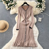 Fongt Small-Sized Famous Woman Hit The Color V-Neck Long Sleeve Single Buckle Waist Knitted Dress Women With Fish Tail