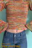 Vintage Rainbow Striped Knitted Sweaters Autumn Winter Crimping Long Sleeve Cropped Pullovers Jumpers Streetwear Chic