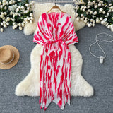 Fongt High-End Dress Women Design Feel Strapped Waist Bat Sleeve Pressure Fold Printing Irregular Dress Dress