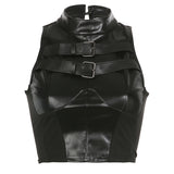 Fongt Wind PU Leather Metal Buckle Sleeveless Vest Women 2025 Summer New Dark Body Dress
