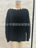 Fongt Women's Sweater 2025 Winter V-Neck Lace Spliced Solid Color Long-Sleeved Knitted Shirt Tide