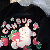 Cartoon Rabbit Strawberry Fruit Print T Shirts Student Girls Kawaii Tee High Quality Cotton Summer Short Sleeve Casual Tops-Outfit