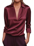 Fongt Autumn Temperament Simple V-Neck Shirt Long-Sleeved Shirt Woman