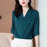 Women's Blouse Sleeve Top V-neck Summer 2021 New Shirt Silk Solid Color Beaded Fashion Casual Satin Korean Style Female