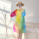 Fongt House Folded Spring And Summer New Geometric Impact Color Printing Dress Loose Meat Masking Long Sleeve Color Skirt