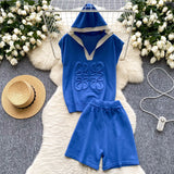 Fongt Fashion Set Women's Summer Design Three-Dimensional Relief Hooded Sleeveless Knitted Tops High Waist Broad Leg Shorts