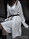 Fongt New Solid V-Neck Jacket Dress + Sweater Cardigan Hot Elegant Knitted Set