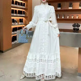 Fongt Small Vintage Hollow Lace Splicing Strap Belt Lantern Sleeve Dress Female Court Long Dress