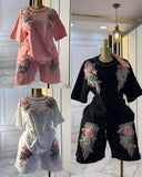 Fongt Set European Dress Design Butterfly Set Drill Short Sleeve T-Shirt Blouse Woman + Tight Waist Broad Leg Shorts Two Sets
