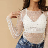 Fongt Spring And Summer Explosion Of Women's Clothing Beads Big Diamond Perspective Mesh Top