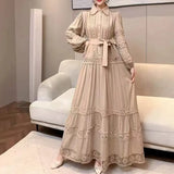 Fongt Retro Elegant Lace Splicing Strap To The Waist Lantern Sleeve Dress Female Thin Temperament Court Style Dress