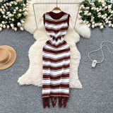 Fongt Fan Temperament Body-In-County-Necked Sleeveless Striped Knitted Dress Women's Summer Tight-Dled Ass Tuxedo Dress
