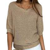 Fongt New Solid Color Round Knit Shirt Women Commuting Elegant Seven-Sleeve Top Air-Conditioning Shirt