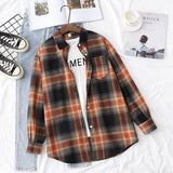 New Women Vintage Flannel Plaid Shirt Pockets Full Sleeve Turn Down Collar Loose Blouse Spring Female Casual Basic