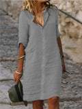 Fongt Ms.'S New Solid-Color Casual Casual Collar Single-D Row Buckle Sleeve Cotton Shirt Mid-Long Dress