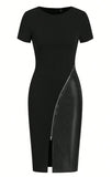 Fongt Zippered Short Sleeve Black PU Thighs Open Tight Dress