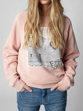 Printed Letter Strass Sweatshirt Women Washed Vintage Long Sleeve O Neck Pullovers Sweatshirts Female Classic Hoodies