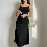 Fongt New Black Slip Dress Women's Side Waist Small Draw Pleated Waist Show Thin