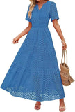 Fongt Women's V-Neck A-Shaped Hollow Lace Cake Dress
