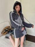 Vintage Women Knitted Set Zip Up Cropped Cardigan Autumn Star Sweater Jackets Hooded Knitted Skirts Casual Two Pieces Sets-Outfit