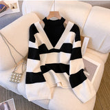 Fongt New Lazy Play Fake Two Hanging Neck Striped Sweater Gas Age-Relay Knitted