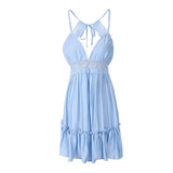 Brand New Women Party Lace Flower Backless Mini Dress Summer Sexy Sling Spaghetti straps Deep V Neck Wedding Club