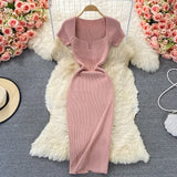 Fongt Thin Collar Knitted Dress Short Sleeve 2025 Summer New Temperament Sexy Hot Ass Long Skirt