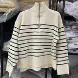 New Autumn Women High Collar Stripe Sweaters Pullovers Warm Minimalist Color Matching Knit Shirt Lady Zipper