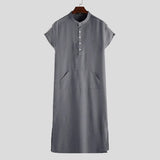 Men Islamic Arab Muslim Kaftan Stand Collar Short SLeeve Pockets Vintage Robes Middle East Solid Men Jubba Thobe S-5XL