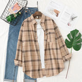 New Women Vintage Oversize Flannel Plaid Shirt With Pockets Full Sleeve Turn Down Collar Blouse Casual Basic Tops