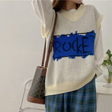 2021 New Spring Autumn Women Sweaters Sleeveless Vest Waistcoat England Style Knitting Oversized Print Tops