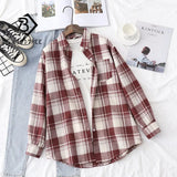 New Women Vintage Flannel Plaid Shirt Pockets Full Sleeve Turn Down Collar Loose Blouse Spring Female Casual Basic