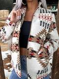 Fongt Women's Dress Western Style Printed Open-Shirt Zipper Jacket Autumn And Winter Loose