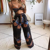 Fongt New Summer Women's Printed Sexy Breasts + Loose Broad Leg Pants Two Sets