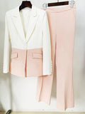 QUALITY New 2023 Designer Runway Suit Set Women's Career Slim Fit Single Button Color Block Blazer Suit Pants Set Two