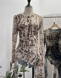 Real Shooting Babes Long Sleeves And Jersey Net Yarn Dye Printing Irregular Lotus Leaf Edge Ribbon Folding Top