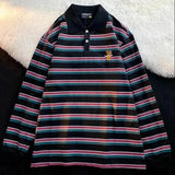 High Quality England Style Cartoon Avocado Green Striped POLO Collar Sweatshirt Oversized Long Sleeve Tops Clothes for