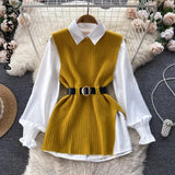 Light Luxury Ladies Dress Set Women's Loose Long-sleeved White Shirt Top + Slit Knitted Vest Vest Two-piece Set-Outfit