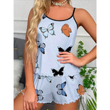 Fongt Women's Butterfly Print Pajamas Set Style Comfortable And Casual Summer Soft Sling Vest