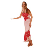 Fongt Women's New 2025 Summer Sexy Strip Slings Flower Prints Long Dress