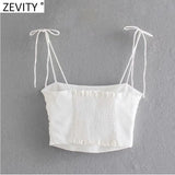 Women Spaghetti Strap Black White Color Chic Camis Tank Ladies Summer Back Elastic Pleated Short Sling Crop Tops