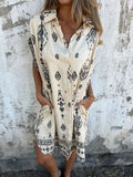 Fongt New Summer Loose Leisure Short-Sleeved Cotton Shirt Pocket Print Dress Woman