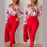 Series) 2023 Women's Red Print Shirt Pantsuit-With A Belt-Outfit